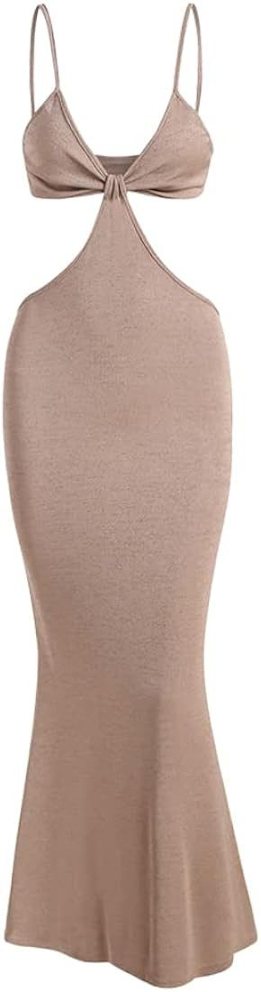 ZAFUL Women's Solid Spaghetti Strap Thigh Split Slinky Maxi Dress | Amazon (US)