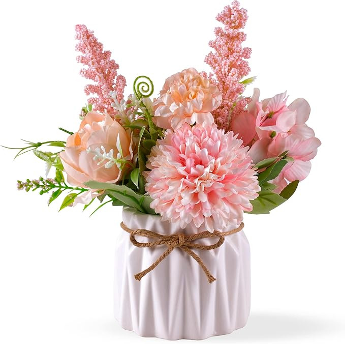 Artificial Potted Flowers Pink, Small Ceramic Vase Fake Flower Plants Desktop Decoration Indoor f... | Amazon (US)