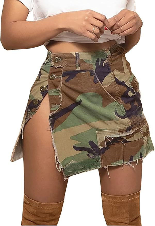 Molisry Women's Camo Cargo Mini Skirt Y2k High Split Camouflage Army Fatigue Short Skirt | Amazon (US)