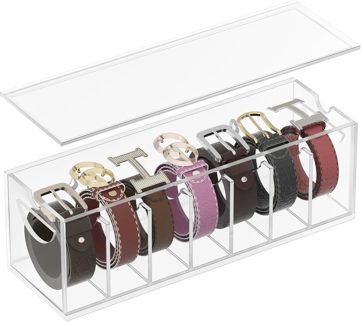 ZhiYo-Life Acrylic Belt Organizer with Dust Cover – Clear Belt Storage Box for Closet or Drawer, Belt and Tie Display Holder Case with 7 Compartments for Men and Women | Amazon (US)