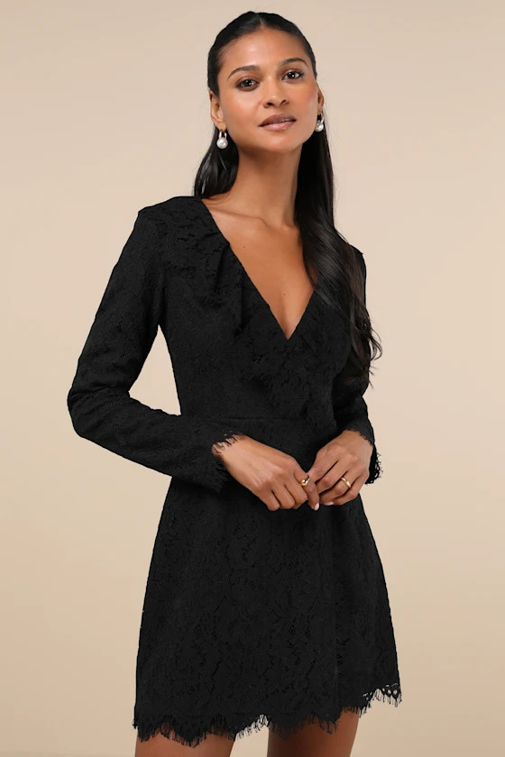 Memorably Romantic Black Lace Long Sleeve Mini Dress | Lulus