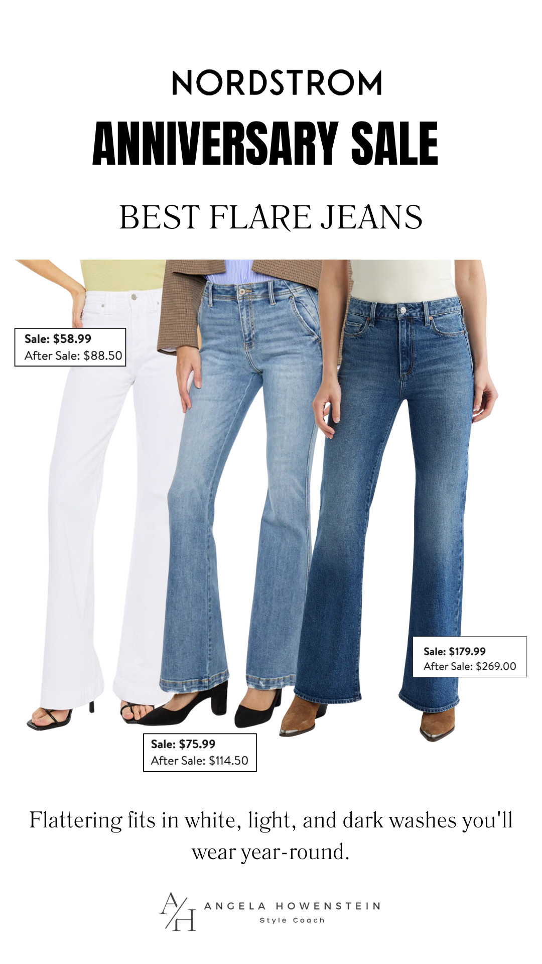 Flare jeans are back, and these are some of the best I've found in the Nordstrom Anniversary Sale. Whether you prefer white, light wash, or dark wash denim, these flattering fits are the kind you'll wear for years.

👩‍💻 LTK PRO TIPS
❤️ Heart = Support my posts ;-)
🔖 Save = Get sale & restock alerts for the things you love!
📋 Lists = Keep favorites organized (List ideas: Christmas, Birthdays, and Vacations!)
📲 Share = Send lists and products to a friend (or your daughters like me).
💬 Comment = Ask me anything, and I'll answer. ;-) 

 #LTKootd #LTKOver40 #LTKSaleAlert