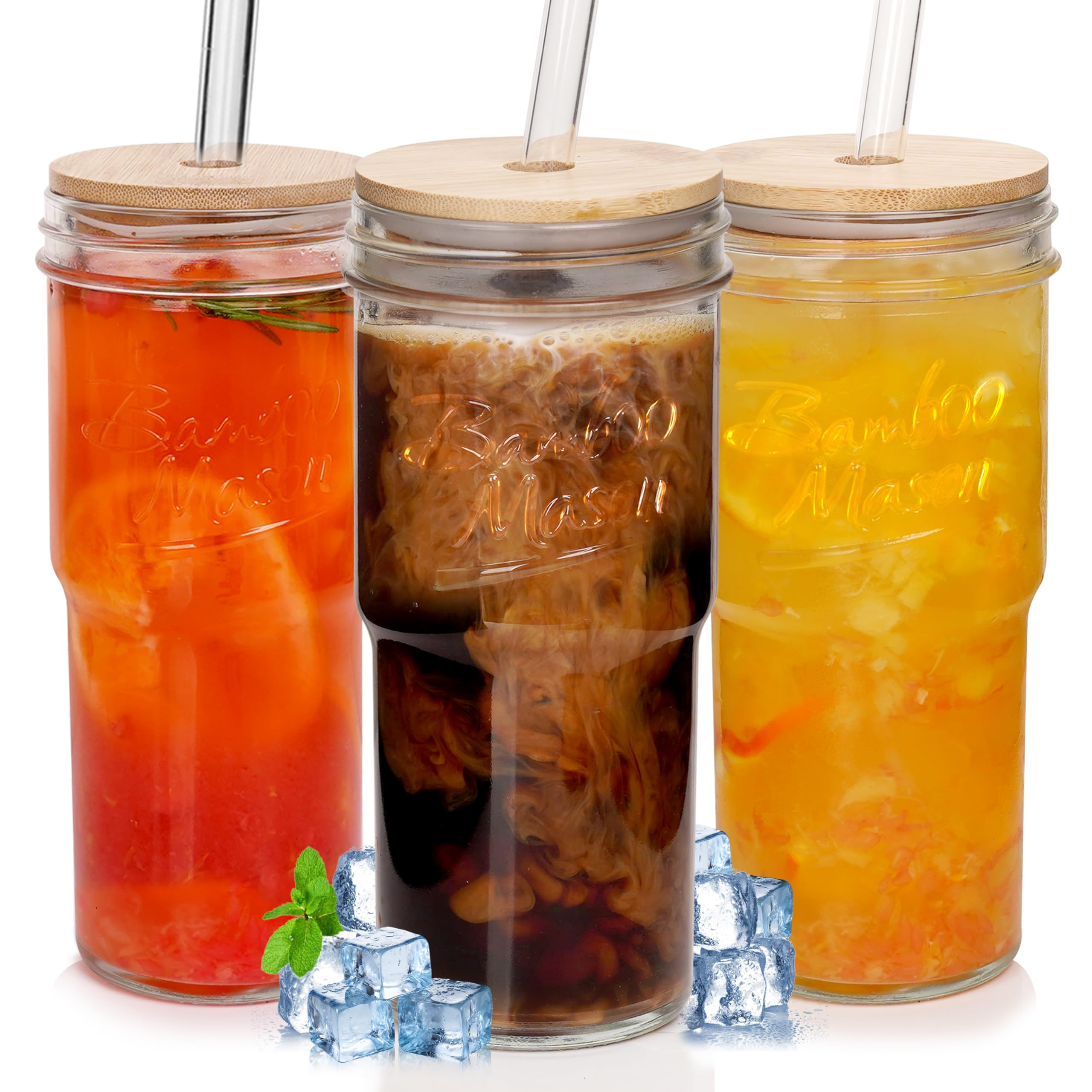 ANOTION Glass Cups with Lids and Straws, 24 oz Travel Coffee Mug Wide Mouth Mason Jar Iced Coffee... | Amazon (US)