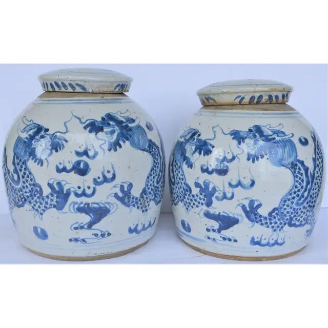 Vintage Chinoiserie Dragon Blue and White Ginger Jar, a Pair | Chairish