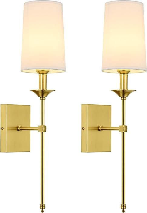 TERLEENART Gold Wall Sconce Set of 2,Hardwired Bathroom Vanity Light Fixture with White Fabric Sh... | Amazon (US)