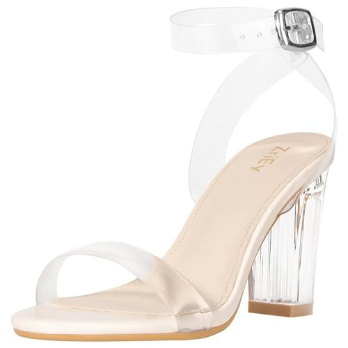 ZriEy Clear Block Sandals Chunky Heels for Women 3.35 Inch Open Toe Adjustable Ankle Strap Pump Sandals for Weddings Parties Daily Wear Beige Size 7 | Amazon (US)