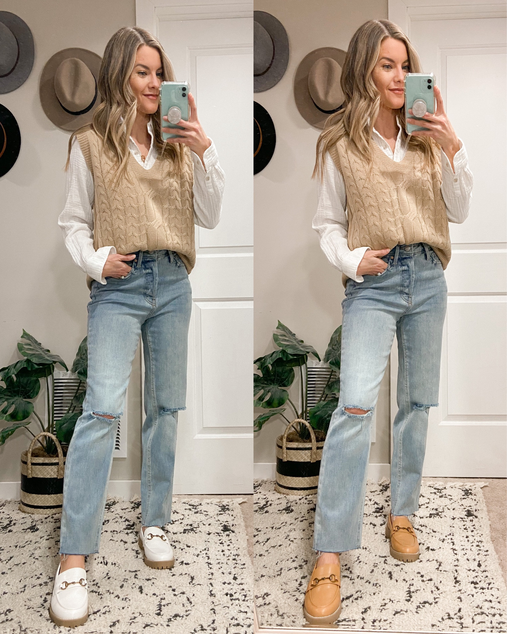 $10 Tan Sweater Vest | White Button-Down Shirt | Distressed Straight Jeans | White Loafers | Tan Loafers

#LTKshoecrush #LTKstyletip #LTKunder50
