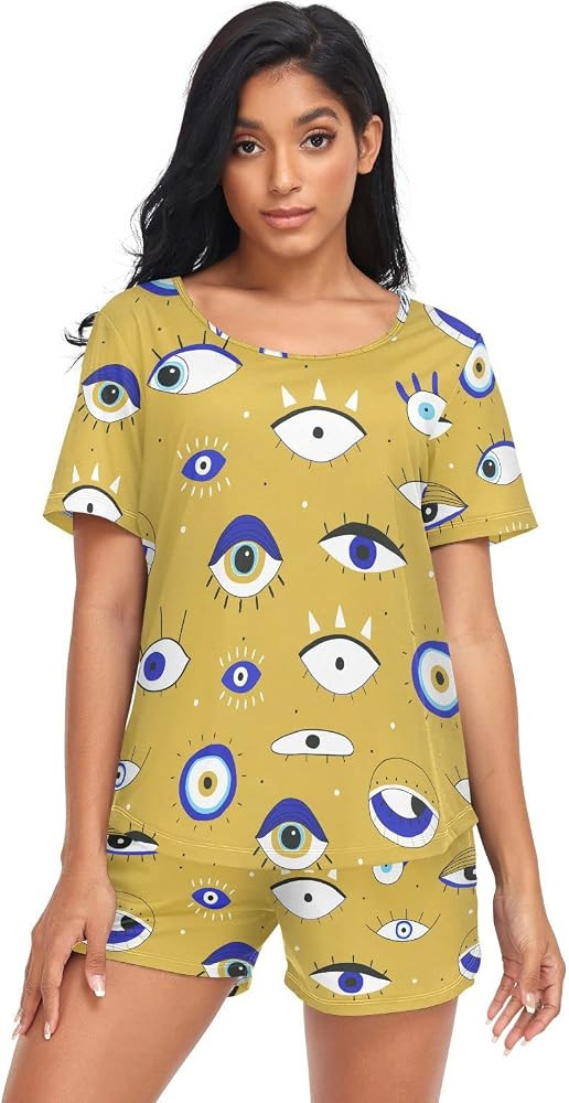 Evil Eye Magic Blue Pajama Sets for Women Short Sleeves Loungewear Sleepwear PJ Sets Funny S | Amazon (US)