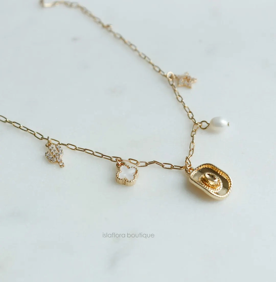 Western Coastal Cowgirl Hat Charm Station Necklace, Dainty Cowboy, Gold Silver, Minimal Country A... | Etsy (US)