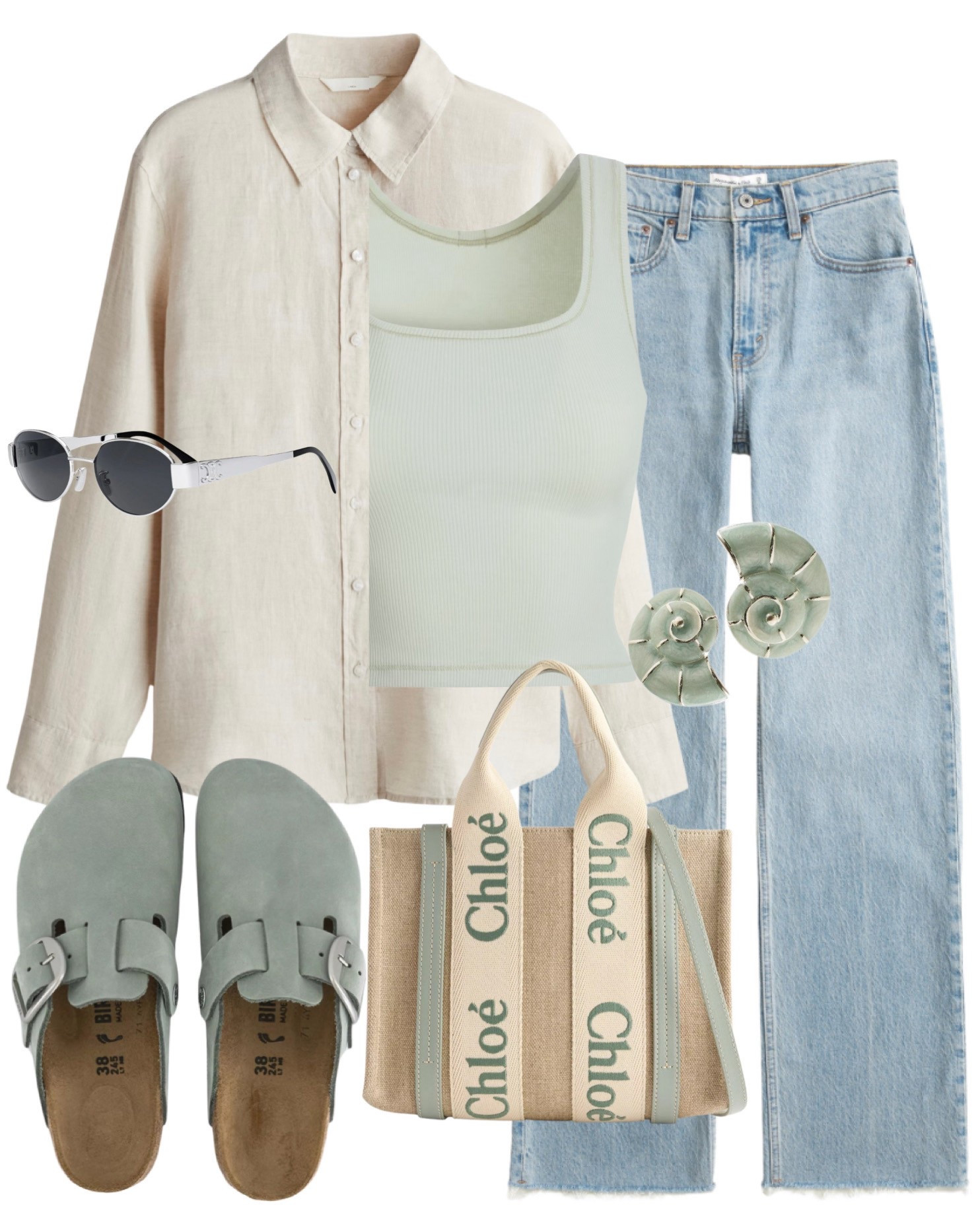 Casual spring/summer outfit- Beige linen shirt, sage ribbed vest top, high rise straight leg jeans, Birkenstock Boston mules, Chloe tote bag, Celine sunglasses, green outfit, summer outfit, casual chic, everyday outfit, clogs, summer bag.

#LTKuk #LTKeurope #LTKsummer