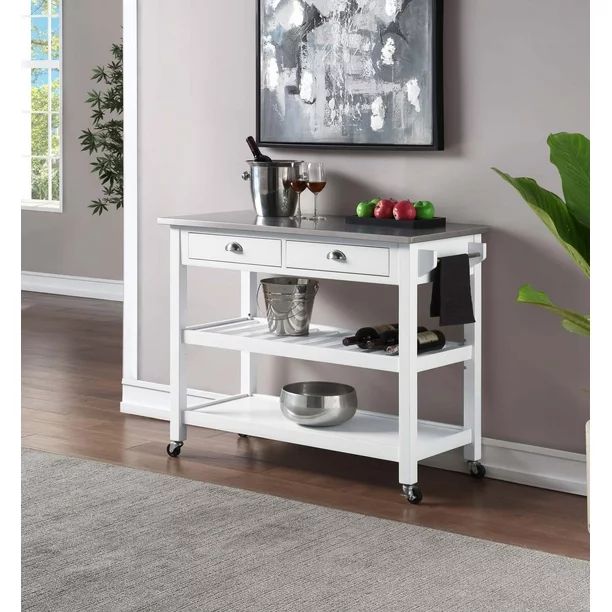 American Heritage 3 Tier Stainless Steel Kitchen Cart with Drawers, Stainless Steel/White - Walma... | Walmart (US)