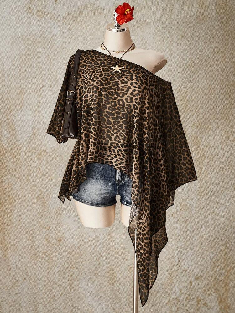 SHEIN ICON Plus Size Retro Sexy Casual Beach Vacation Millennial Style Y2K Fashion Individual Modern Urban Avant-Garde Bold Music Festival Bohemian Style Leopard Print Asymmetrical Hem Loose Top, Going Out Tops | SHEIN