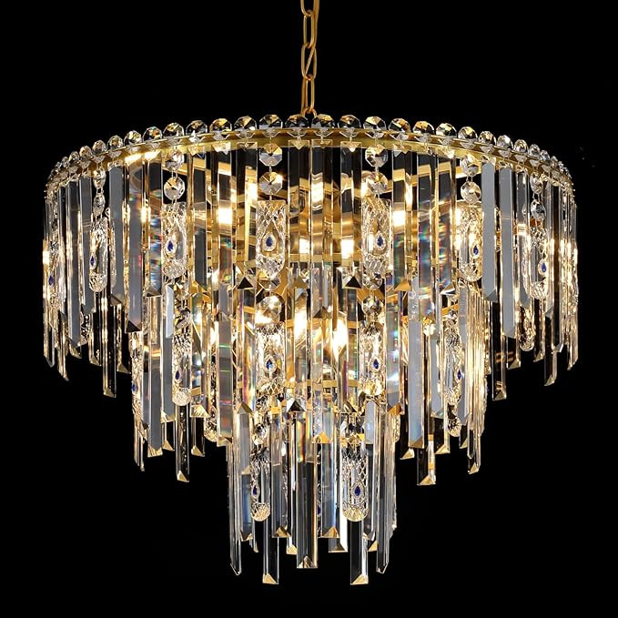 Gold Crystal Chandeliers, 24” Modern Round Chandelier for Dining Room 3 Tiers 12 Lights Ceiling... | Amazon (US)