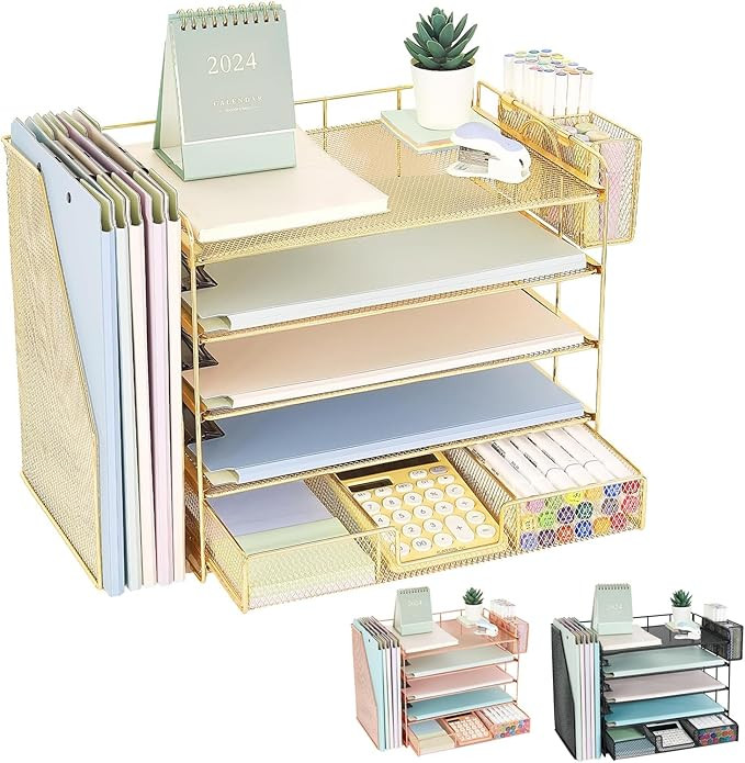 Youbetia 5 Tier Desk Organizer with Vertical File Racks, Desktop Paper Tray Office Organization w... | Amazon (US)