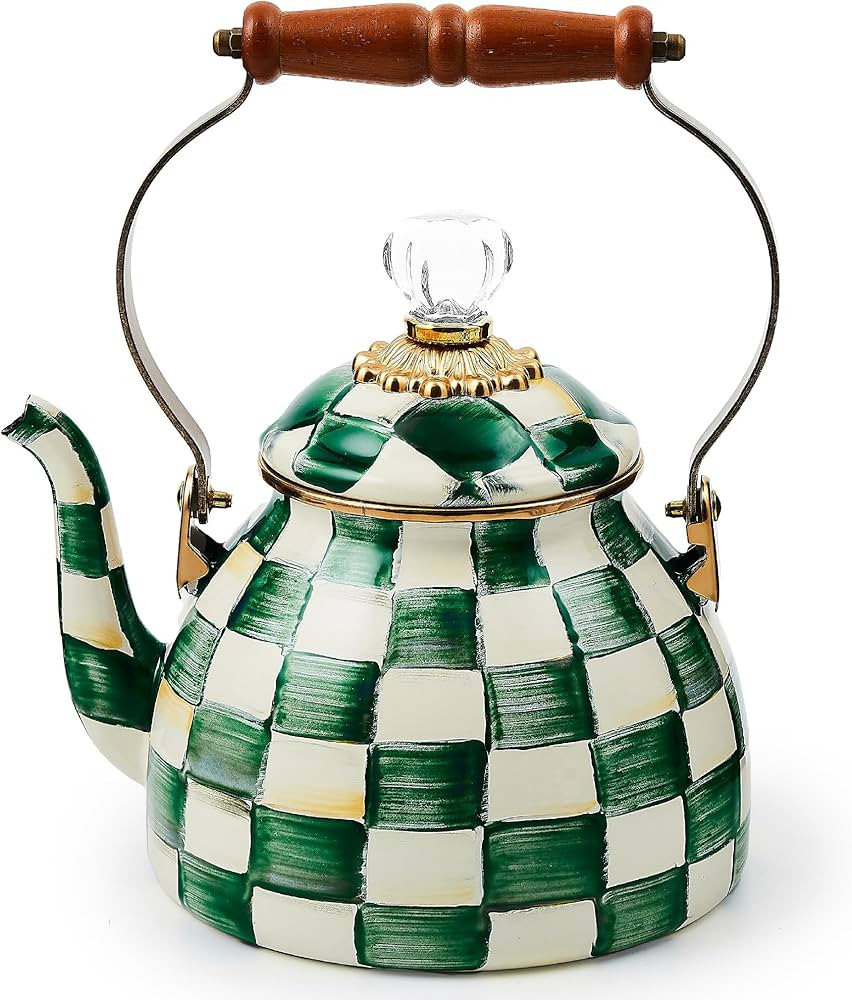 MACKENZIE-CHILDS Enamel Tea Kettle, Stylish Tea Kettle for Stovetop, Green-and-White Emerald Chec... | Amazon (US)