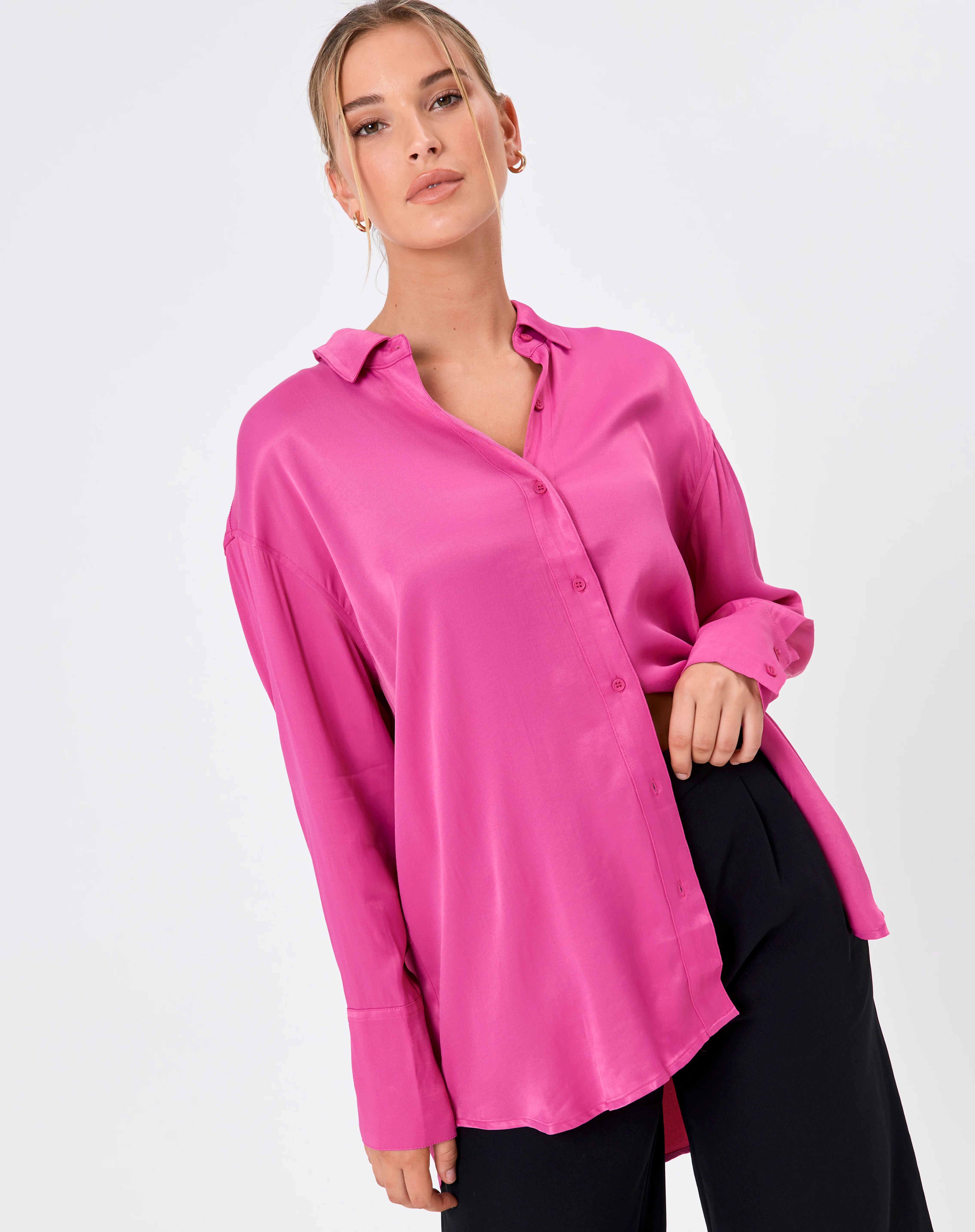 Oversized Satin Button Through Shirt in Pink | Glassons | Glassons (AU & NZ)