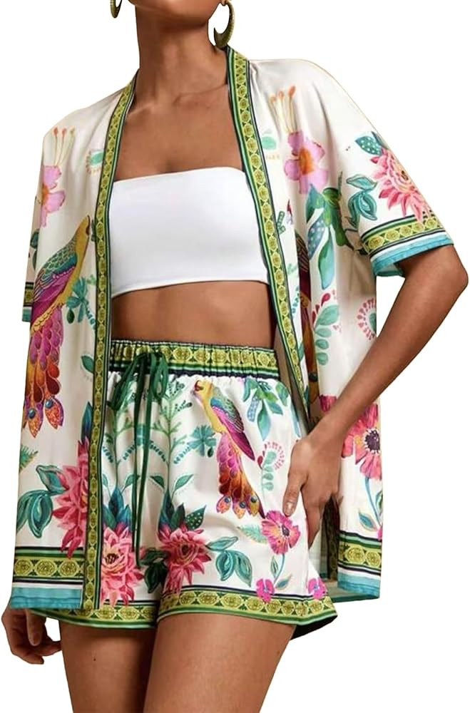 2025 Summer Women's 2-Piece Outfit，Fashion Floral & Bird Print Short Sleeve Cardigan & Elastic ... | Amazon (US)