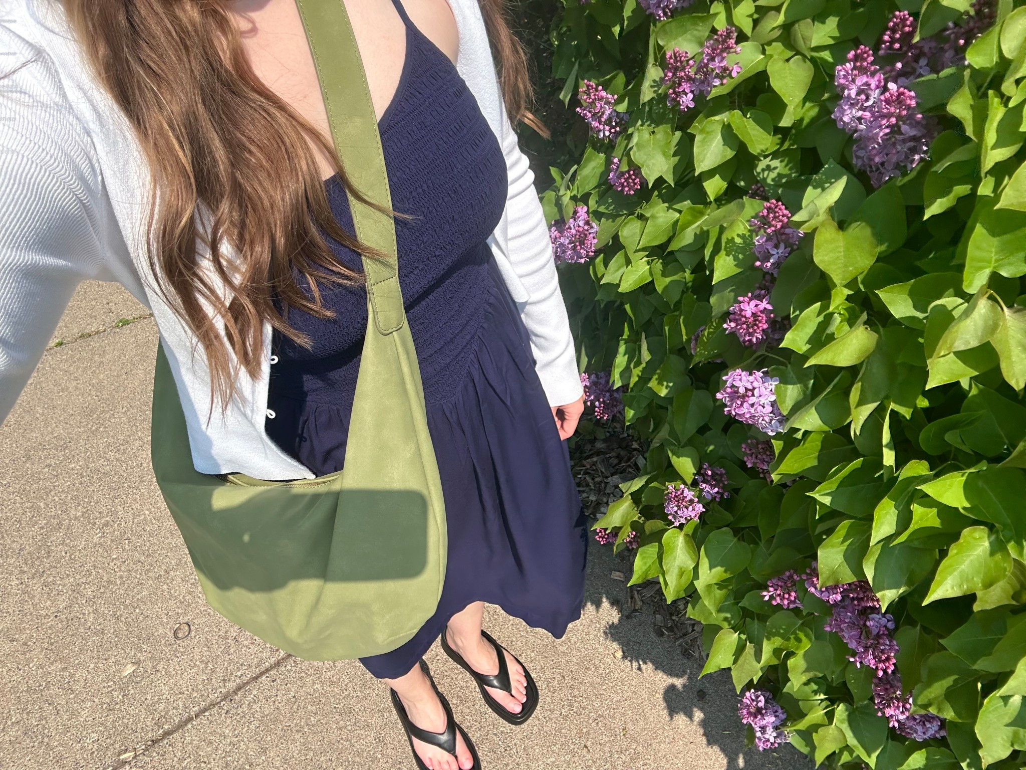 Summer outfit, Summer dress 
Target navy blue midi dress Small
Green suede bag
Black flip flops 
White cardigan 

#LTKSummerEdit #LTKShoeCrush #LTKItBag
