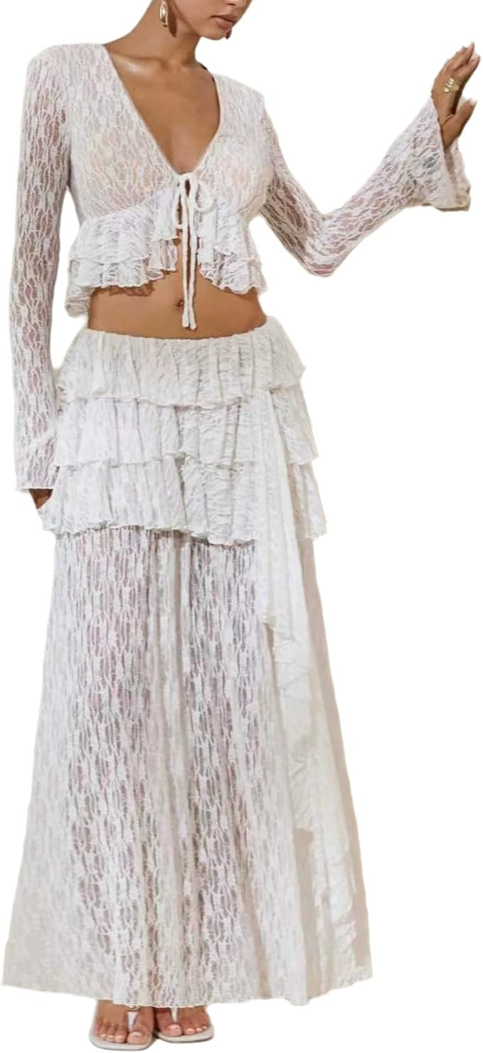 Womens Lace 2 Piece Sets Long Sleeve V Neck Tied Sheer Ruffle Tiered Crop Top and Maxi Skirt Set ... | Amazon (US)