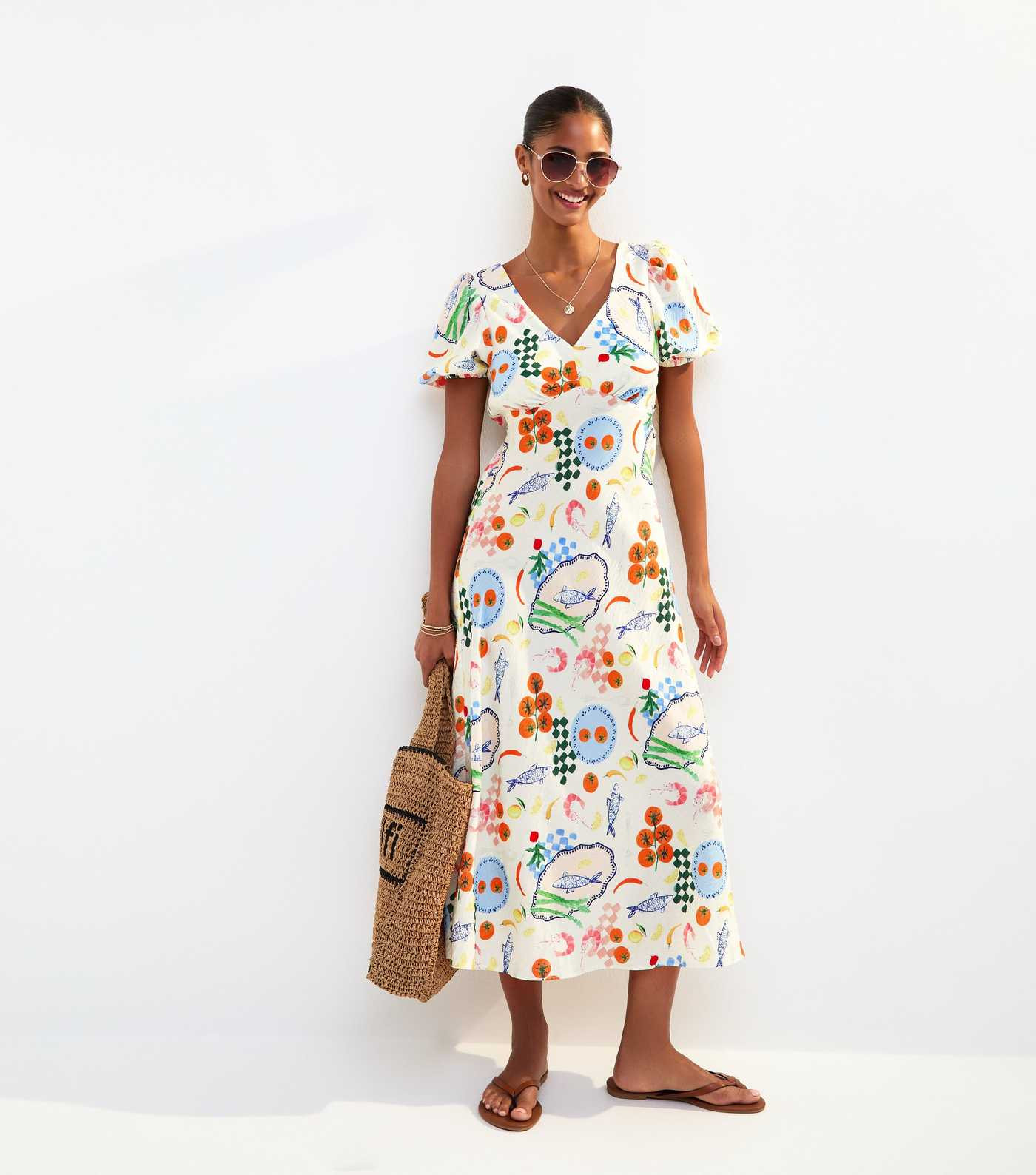 Cream Fish Print Textured Puff Sleeve Midi Dress | New Look | New Look (UK)