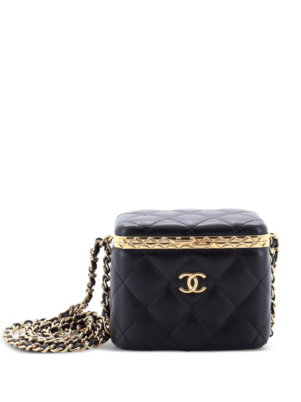 CHANEL Pre-Owned Lock Frame Vanity Case with Chain Quilted Lambskin Small clutch bag - Black | Farfetch Global