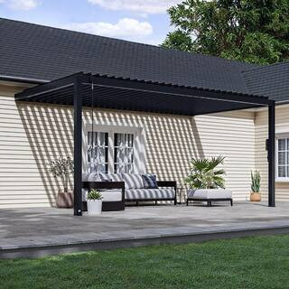 Evanston 18 ft. x 10 ft. Black Galvanized Steel Wall-Mounted Louvered Pergola Kit with Adjustable Roof and PowerPort | The Home Depot