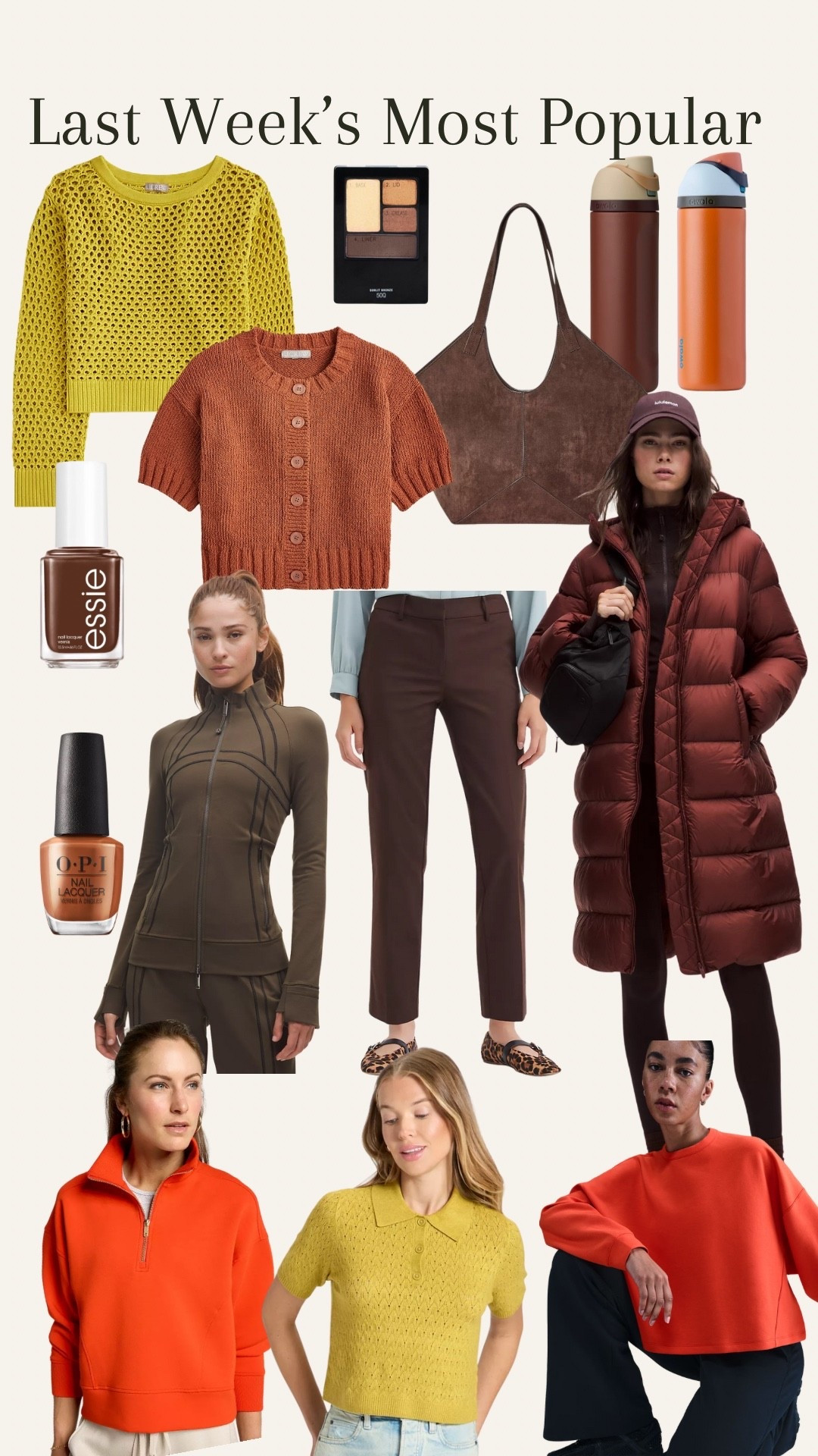 Last weeks most popular for autumns, fall, true autumn, dark autumn, soft autumn, HOC autumn, house of colour autumn, dark brown, chartreuse, lime, chocolate brown, autumn nail Polish, autumn eye shadow, drugstore beauty, lululemon define jacket, rust, dark organs, sweater, Nike matching set, geranium, warm red, gold zipper, Calia, target finds, Owala, water bottle

#LTKSeasonal #LTKMidsize #LTKFindsUnder50