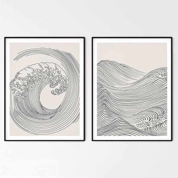 PAINURA Japanese Wall Art Line Art Wave Poster Abstract Japandi Wall Art Minimalist Print Abstrac... | Amazon (US)