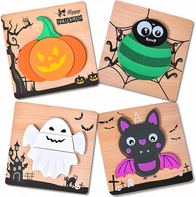 4 Pack Halloween Wooden Puzzles for Kids Toddlers Jigsaw Puzzles Halloween Toys for Halloween Par... | Amazon (US)
