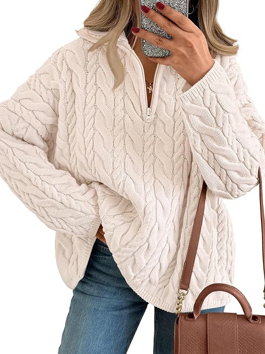 Trendy Queen Women Oversized Chunky Cable Knit Quarter Zip Pullover Sweater | Amazon (US)