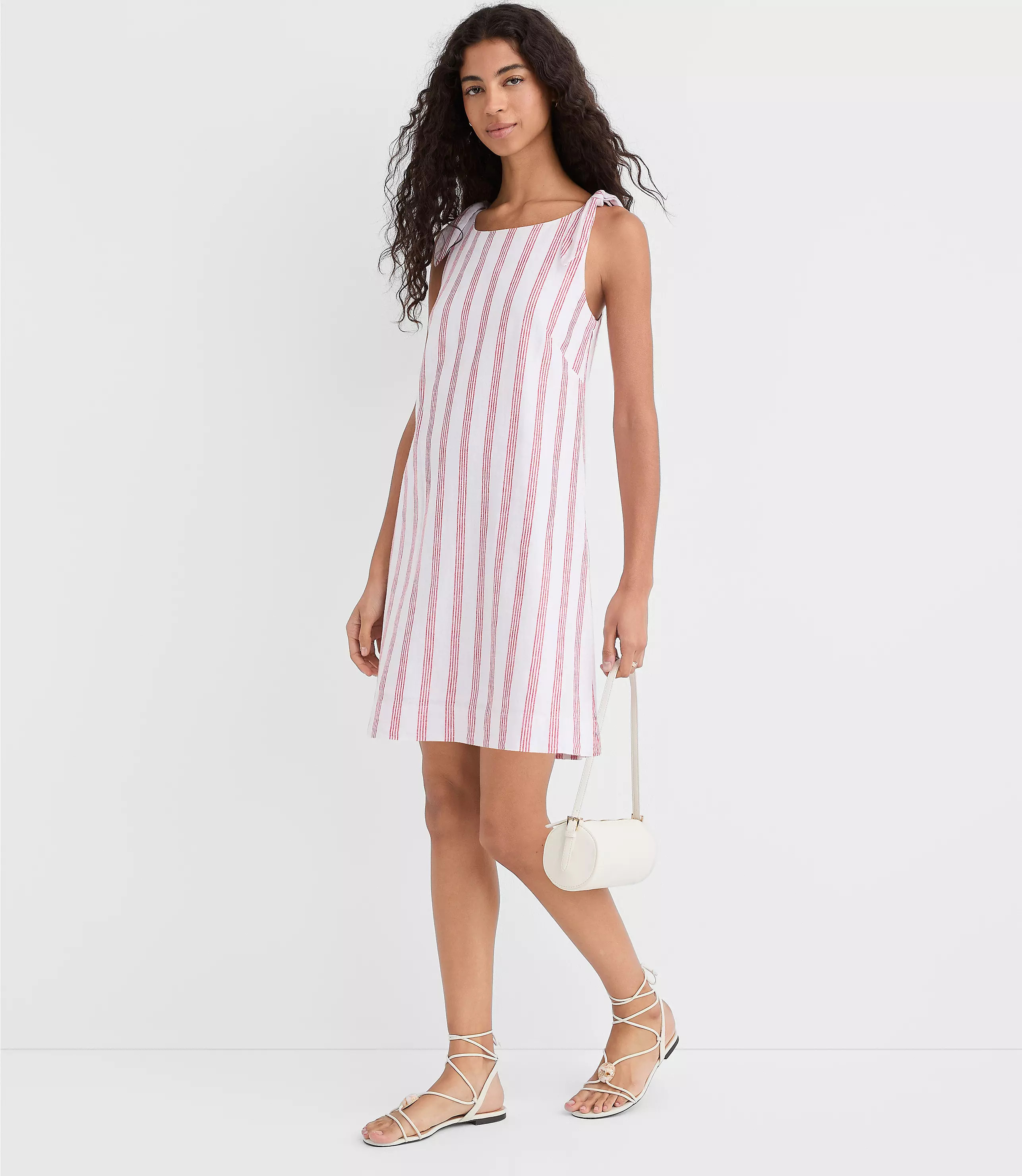 Striped Linen Cotton Tie Boatneck Mini Dress | LOFT