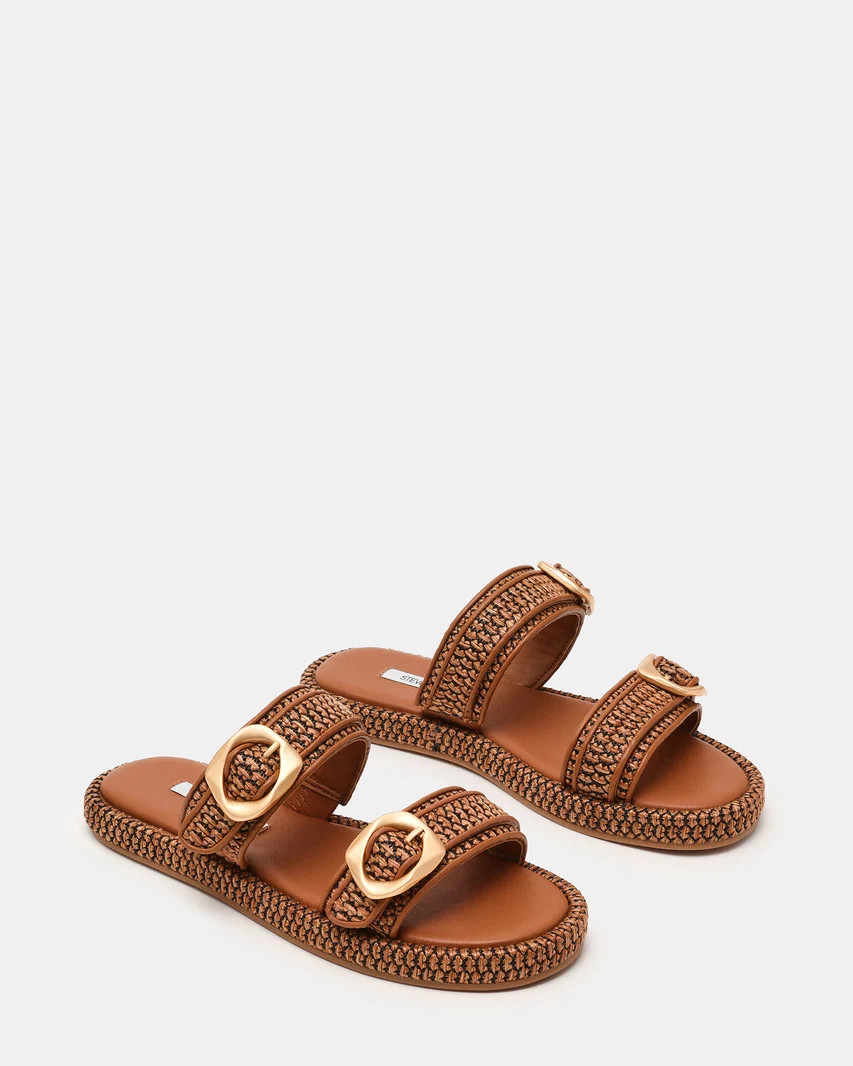 VEYA Brown Raffia Buckles Slide Flatform Mule Women's Sandal | Steve Madden (US)