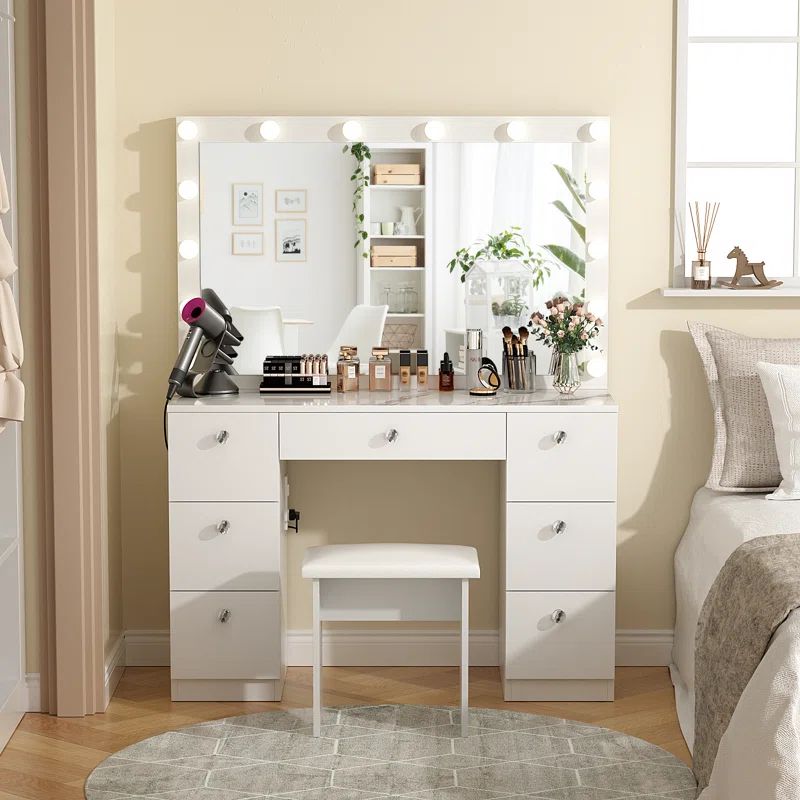 Cotati Vanity Set with 7 Large Drawers and Outlets | Wayfair North America