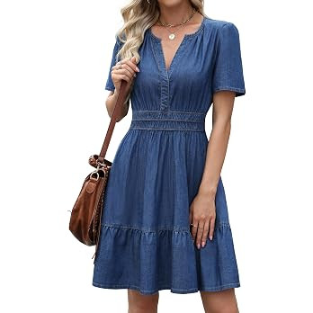 Denim Dress for Women 2026 Short Sleeve Jean Mini Dress with Pockets | Amazon (US)