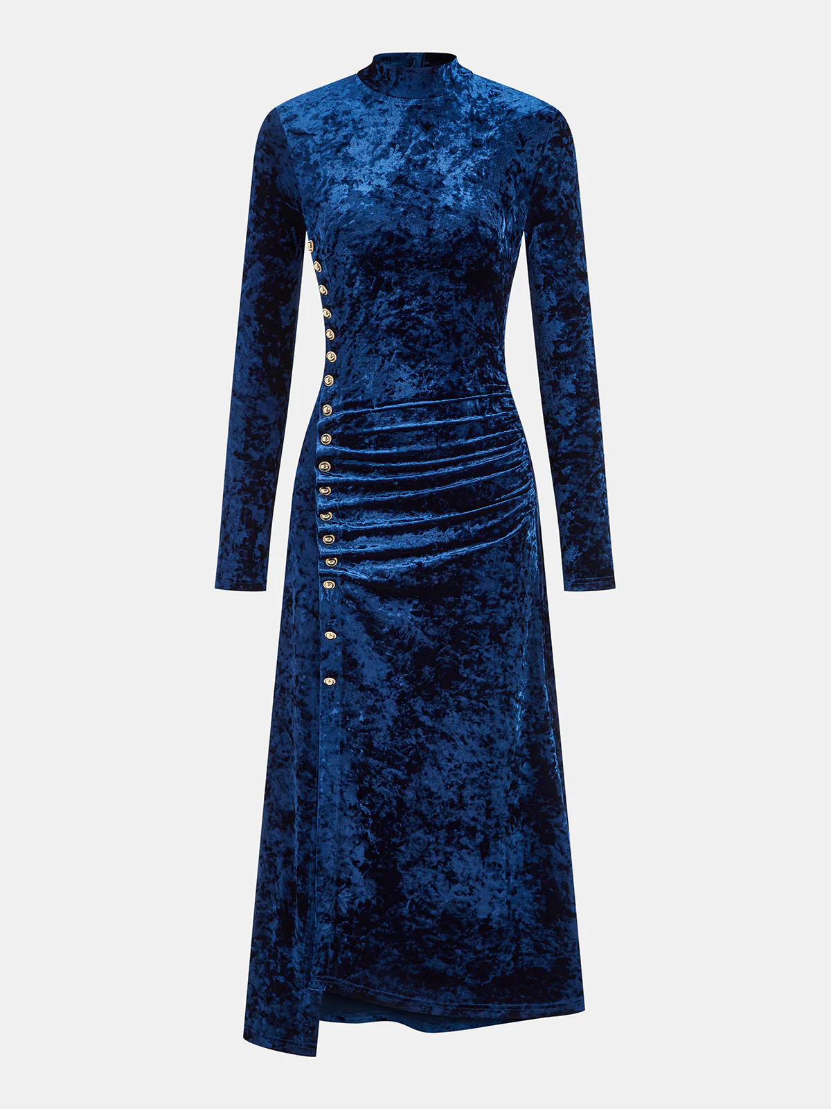 Metal Button Ruched Velvet Maxi Dress | Commense