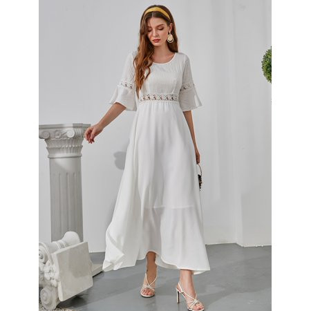 Elegant Women s Guipure Lace Insert Flounce Sleeve Ruffle Hem Dress 2022 White S(4) S047X | Walmart (US)