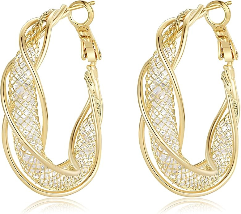 18K Gold Plated Filigree Earrings for Women, Chunky Gold Twisted Hoop Earrings, Disco Earrings fo... | Amazon (US)