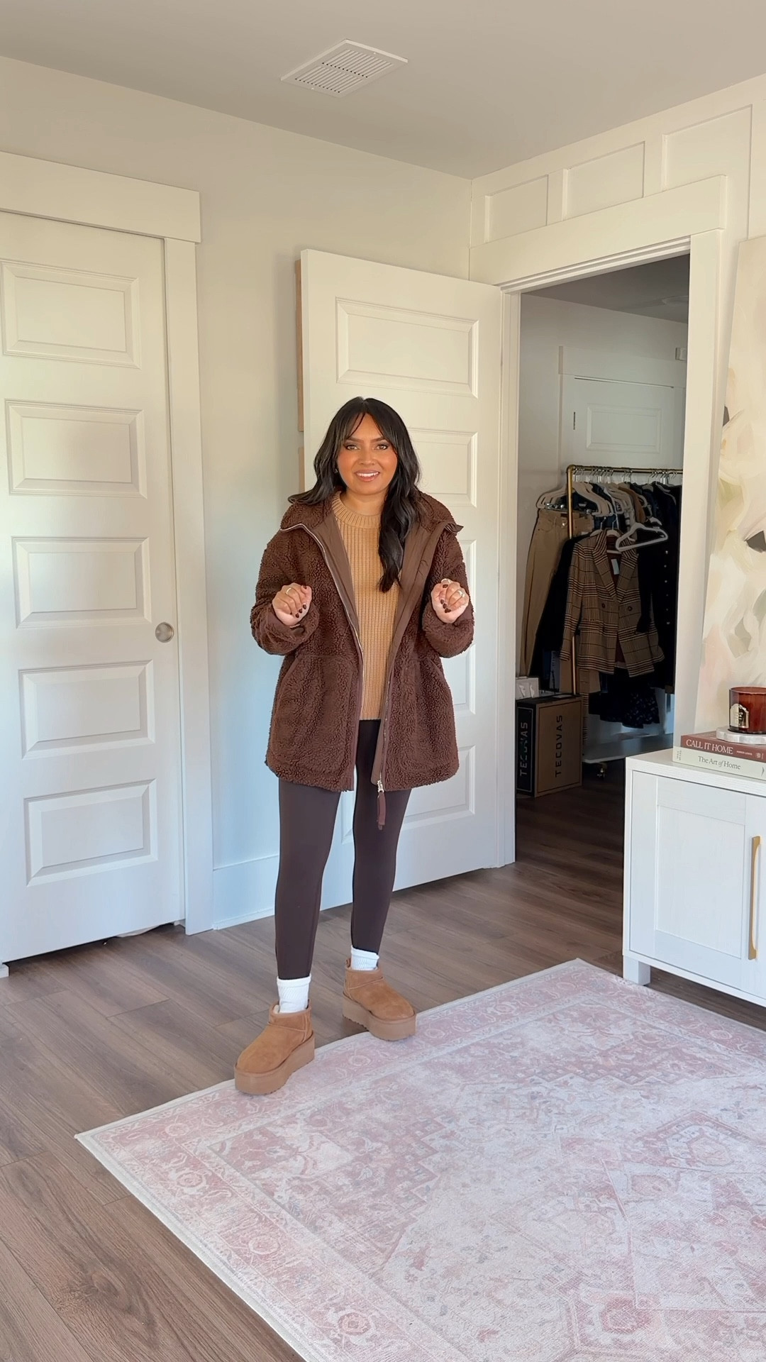 Deep brown sherpa jacket size small TTS
Camel sweater size xs TTS
Brown deep earth leggings size medium regular - i like the regular length vs short and i size up a size for a more comfortable waistband
Platform uggs size 5 TTS




#LTKSaleAlert #LTKStyleTip #LTKPetite
