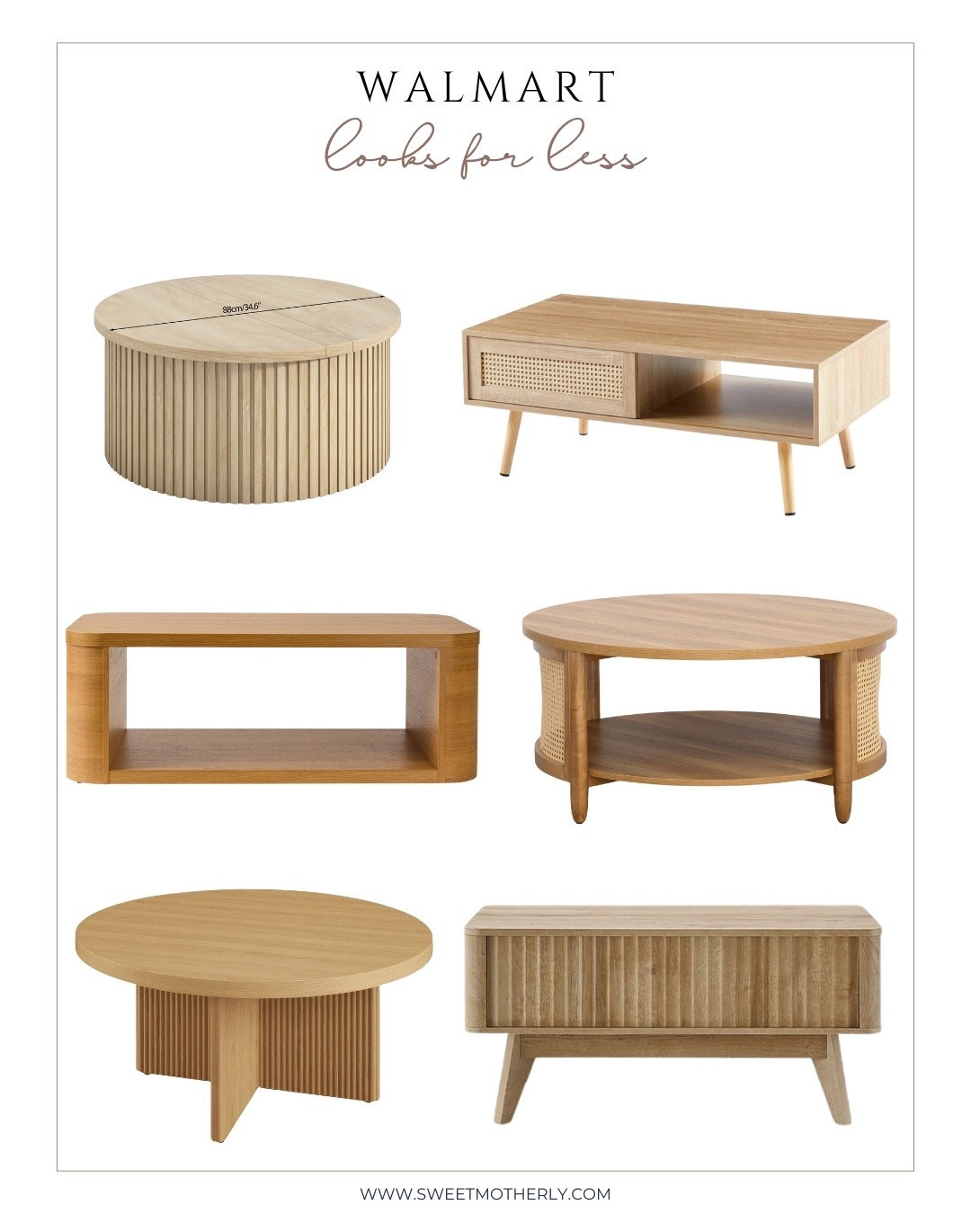 Walmart coffee tables that look designer for less. These neutral wood styles include round, rectangular, and storage options that fit into modern, coastal, and transitional homes. Perfect for living rooms, apartments, or small spaces where style meets function.

#LTKHome