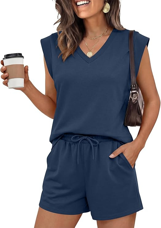 ANRABESS Womens 2 Piece Short Sets 2026 Summer Casual Cap Sleeve Shirts Matching Lounge Outfits T... | Amazon (US)