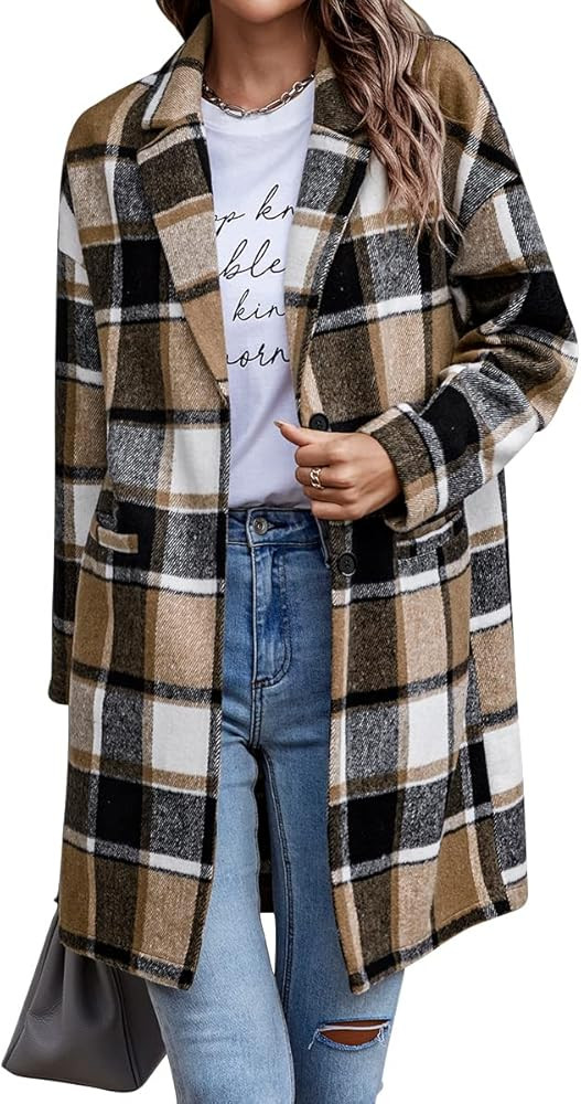 AUTOMET Women's Plaid Shacket Jacket Casual Flannel Long Sleeve Jacket Button Up Lapel Wool Trenc... | Amazon (US)