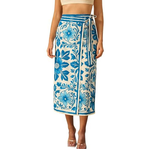 Sujama Women’s Floral Print Wrap Skirts Boho Tie Knot Skirt High Waist Causal Cute Flower Graphic Long Skirts Beachwear 2025 Blue | Amazon (US)