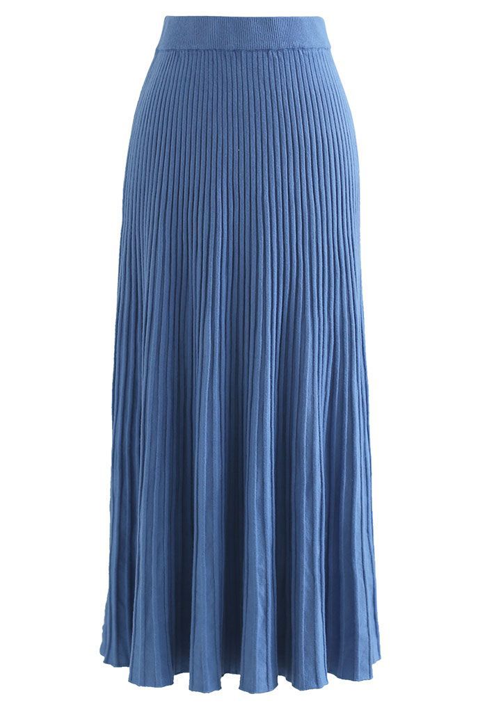 Side Vent High Waist Knit Skirt in Blue | Chicwish