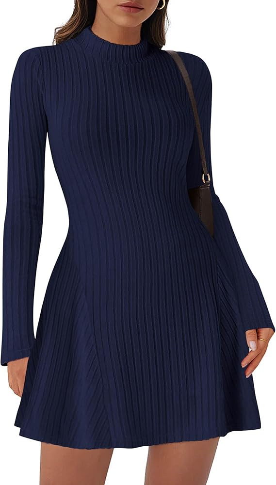 KIRUNDO Women's Sweater Dress 2025 Fall Lightweight Long Sleeve Mock Neck A Line Fit and Flare Ri... | Amazon (US)