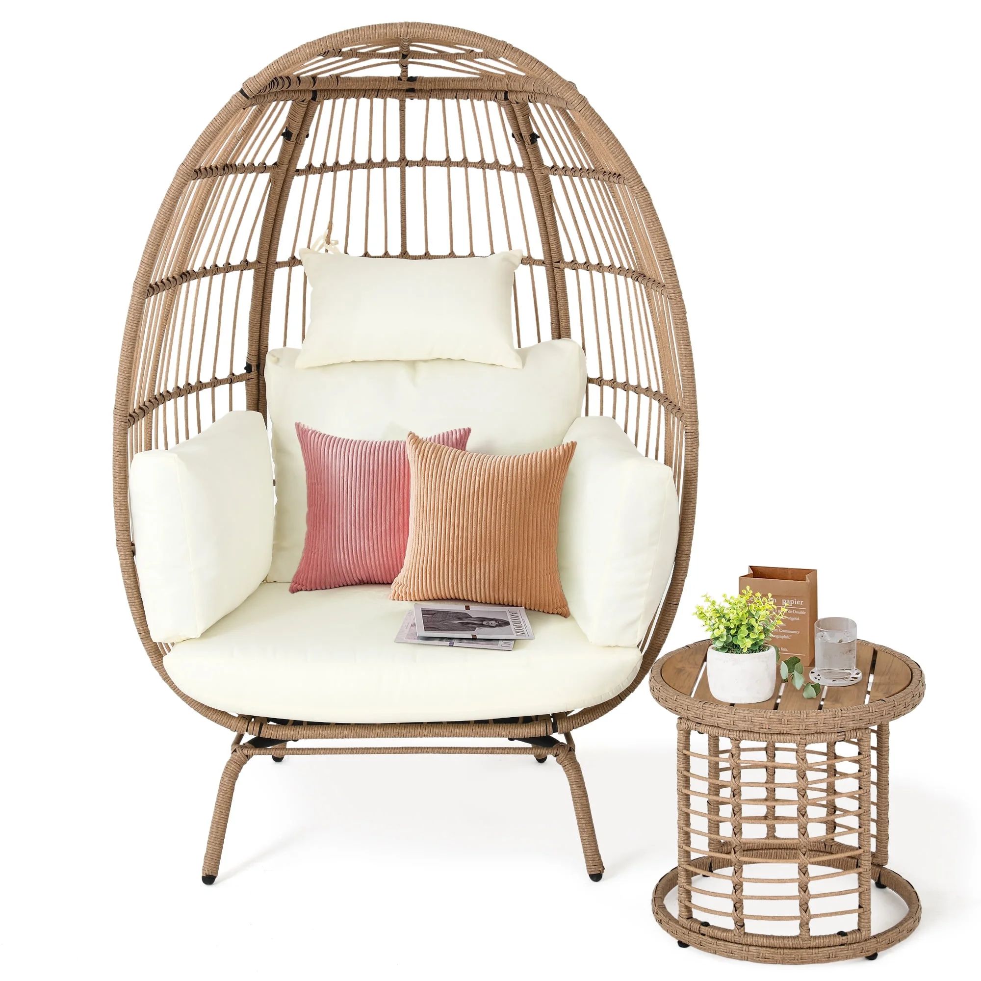Dextrus Wicker Egg Chair with Coffee Table and Cushions, Oversized Lounger Egg Basket Chair for O... | Walmart (US)
