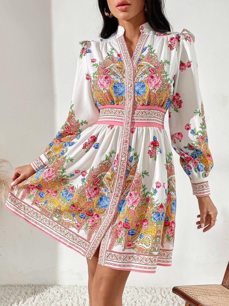 Floral Print Notched Neck Dress | SHEIN