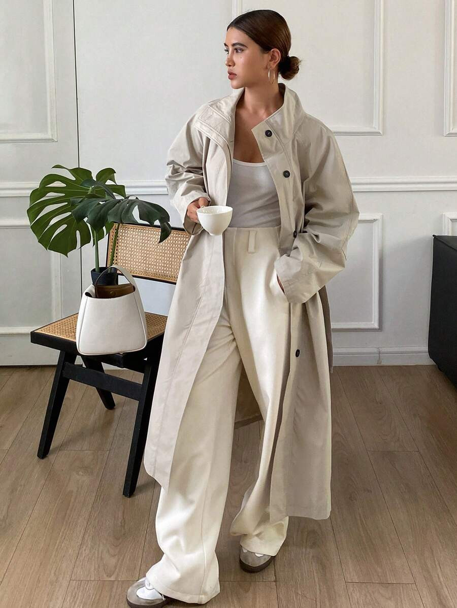 Livesso 1pc Women Loose Long Sleeve Solid Color Belted Pocketed Trench Coat Women Jacket,Fall Wom... | SHEIN