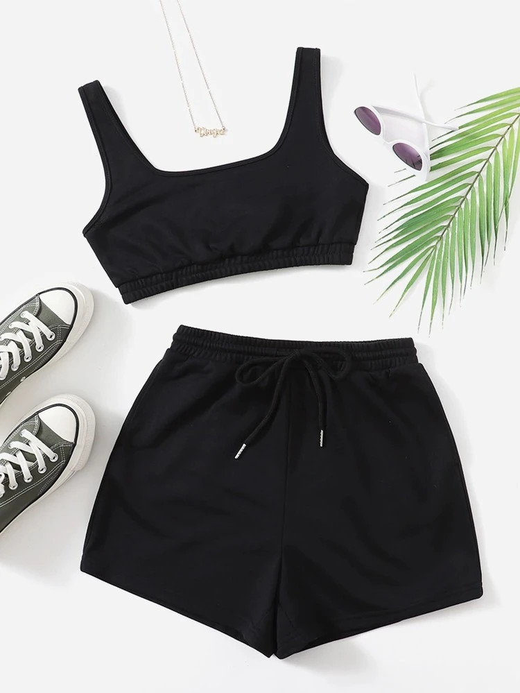 SHEIN Solid Crop Tank Top & Track Shorts Set | SHEIN