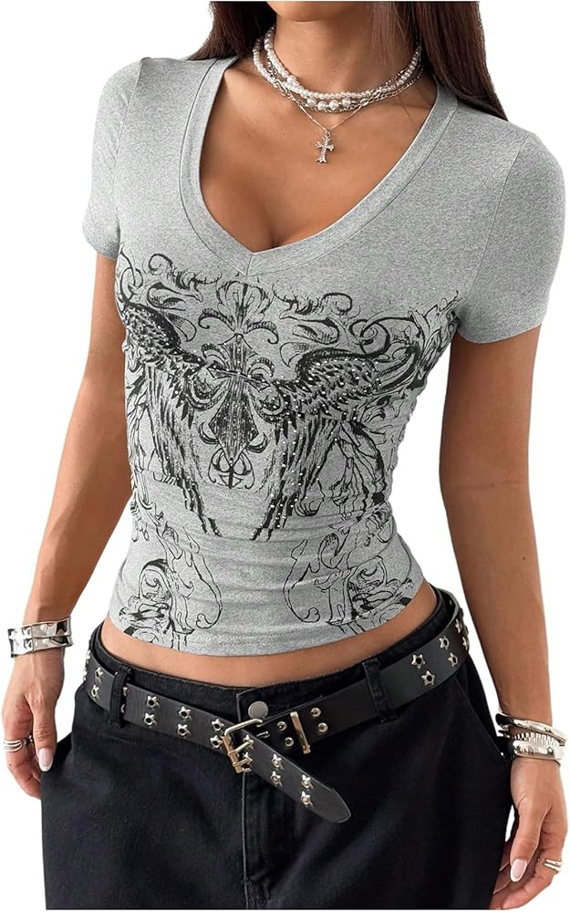 Women's Sparkly Rhinestone Goth T Shirts Short Sleeve V Neck Tight Shirt Summer Going Out Crop To... | Amazon (US)
