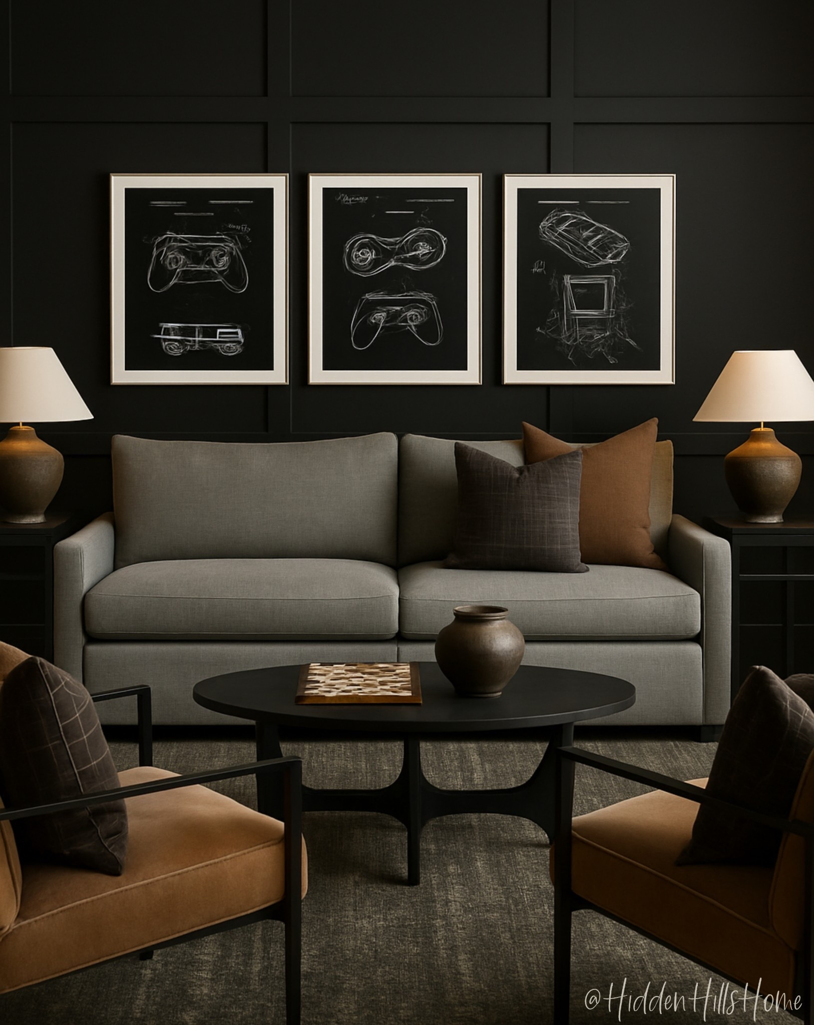 Masculine living room decor, man cave decor ideas, living room mood board, bachelor pad living room, masculine home decor #livingroom 

Wall color is SW Caviar

#LTKHome #LTKMens #LTKSaleAlert